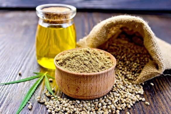 hempseed oil and a small sack of hemp seeds